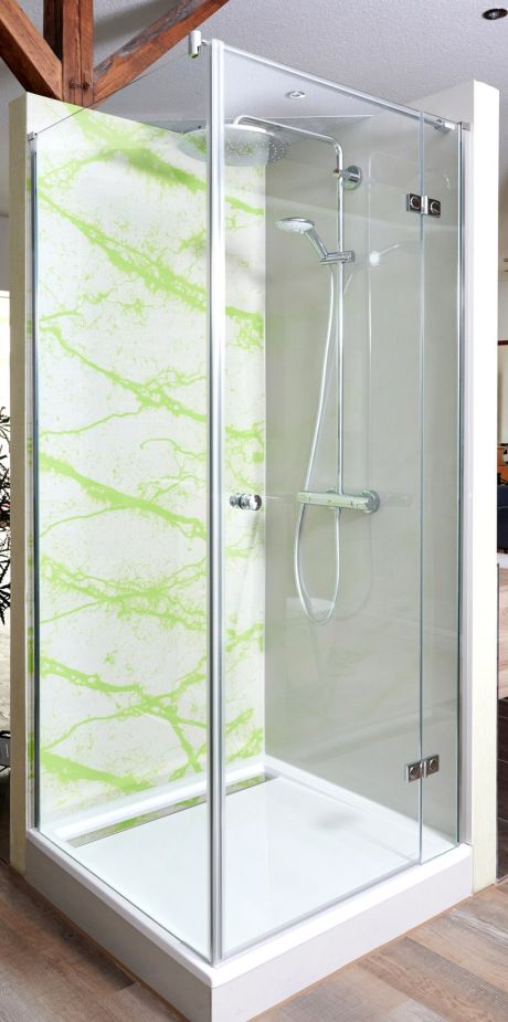 Zu sehen ist eine moderne Dusche mit doppelten Duschkopf, im Showroom der Haubrich GmbH.